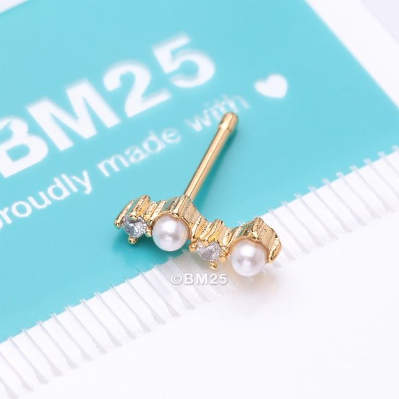 Golden Brilliant Sparkle ZigZag Pearlescent Multi-Gem Nose Stud Ring-Clear Gem - Picture 1 of 4